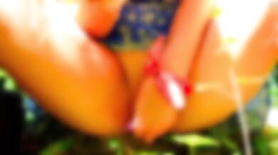 Brunette naughty girl squirts hard on riverside trail with toys