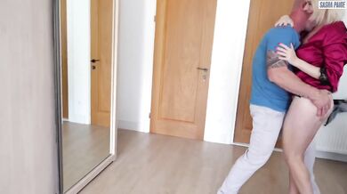 Tiny Sasha Paige gets caught peeking at her stepmom’s anal threesome then licks fresh cum from her tight ass