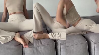 Yoga on sofa with juicy cameltoe leggings flexing feet
