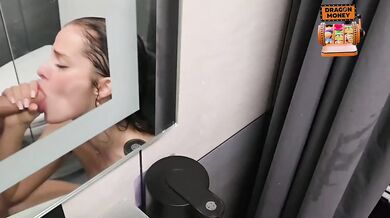 Roommate's cock stuffed in her throat while she squirts deepthroat POV