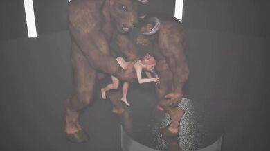 Giant minotaur horse cock deep throats redhead teen while two dildos wreck her