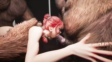 Giant minotaur horse cock deep throats redhead teen while two dildos wreck her