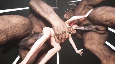 Giant minotaur horse cock deep throats redhead teen while two dildos wreck her
