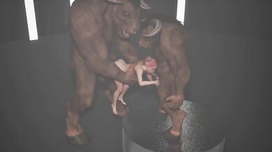 Giant minotaur horse cock deep throats redhead teen while two dildos wreck her