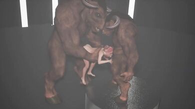 Giant minotaur horse cock deep throats redhead teen while two dildos wreck her