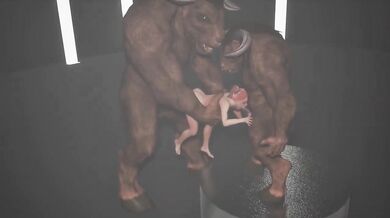 Giant minotaur horse cock deep throats redhead teen while two dildos wreck her