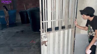 My neighbor watches me shower on the terrace and gets rewarded with a brutal fuck