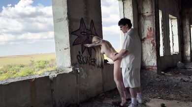 Blonde bitch destroyed in abandoned building public blowjob raw sloppy