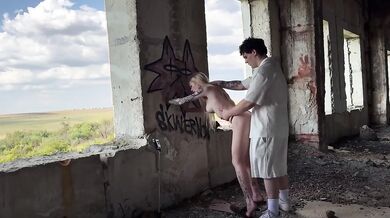 Blonde bitch destroyed in abandoned building public blowjob raw sloppy