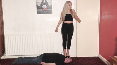 Leggings squished under high heels brutal trampling face grind