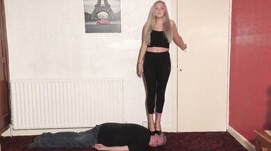 Leggings squished under high heels brutal trampling face grind