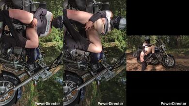 Biker chick takes solo pleasure on dirt road with toys