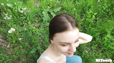 Cute Stepsister teases with her boobs outdoor. I had to fuck her right on the rock.