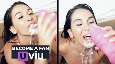 Record of my beautiful hot and skinny brunette while she eating my cum after dinner in hotel room
