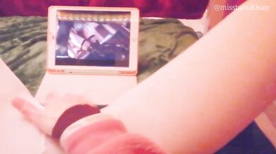 pink haired schoolgirl destroyed toning solo while watching monster cock hentai