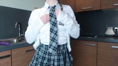 Schoolgirl solo in kitchen makes toys squirt lola rae british babe