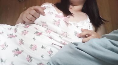 Japanese BBW masturbates to uneven nipples window open moaning solo