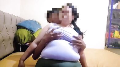 Chubby milf gets choked by her sensitive tits while squeezing her big breasts raw