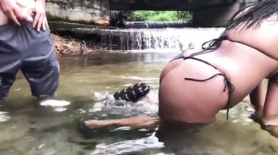 Thai teen fucked raw in the river brown skin black hair blowjob