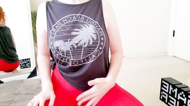 POV British Gym Instructor In Tight Red Leggings Choked On Big Tits Downward Doggy