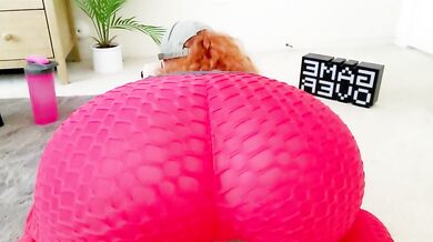 POV British Gym Instructor In Tight Red Leggings Choked On Big Tits Downward Doggy
