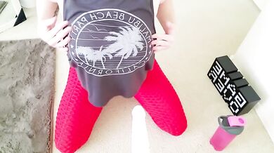 POV British Gym Instructor In Tight Red Leggings Choked On Big Tits Downward Doggy