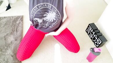 POV British Gym Instructor In Tight Red Leggings Choked On Big Tits Downward Doggy