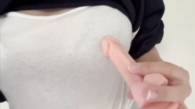 Asian girl slowly stretches her tight pussy with growing dildo until it's dripping messy
