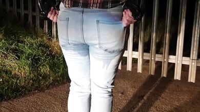 Public wetting in tight blue jeans then rewetting again later no toilets allowed