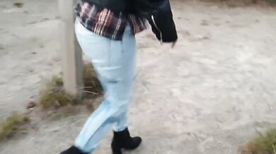 Public wetting in tight blue jeans then rewetting again later no toilets allowed