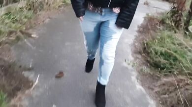 Public wetting in tight blue jeans then rewetting again later no toilets allowed