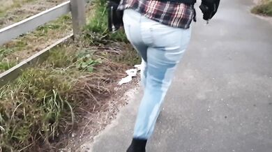 Public wetting in tight blue jeans then rewetting again later no toilets allowed