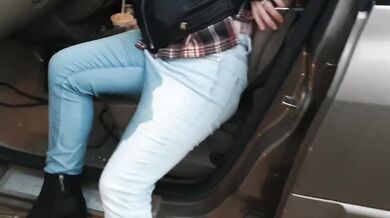 Public wetting in tight blue jeans then rewetting again later no toilets allowed