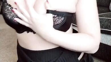 Teasing UK brunette masturbates with her huge natural tits