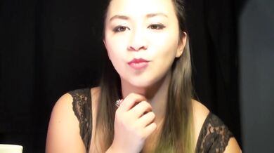 Asian smoker with nicotine patch and lipstick slut collared in fetish solo