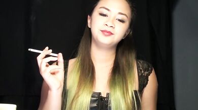 Asian smoker with nicotine patch and lipstick slut collared in fetish solo