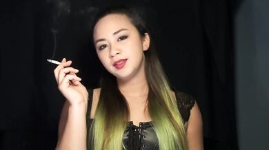 Asian smoker with nicotine patch and lipstick slut collared in fetish solo