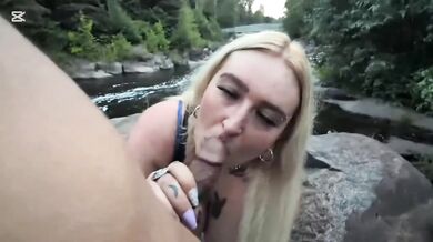 Hot Blonde Slut Deepthroats Huge Cock in Public