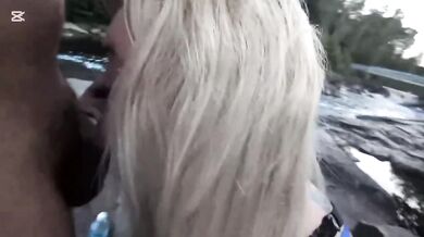 Hot Blonde Slut Deepthroats Huge Cock in Public