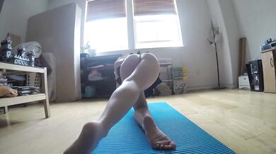 Naked schoolgirl yoga stretches till her tight pussy drips raw