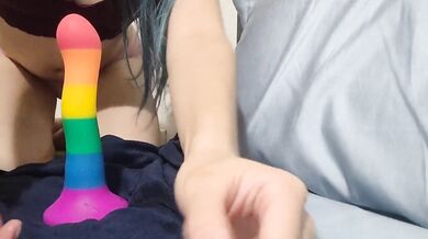 Cute Asian teen sucks dildo wishing it was you tight pussy squirts