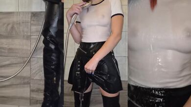 Soaking leather boots in the shower choking on wet see through clothes