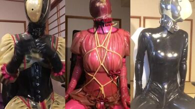 Rubber doll stuffed with rebreath gasping under latex bondage