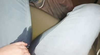 Piss-drenched car seat as desperate blonde squirts through jeans till soaked