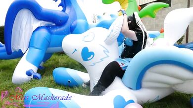 Miss Maskerade in latex catsuit pops balloons while solo looner bondage fantasy