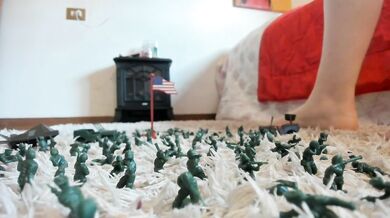 Giantess crushes toy soldiers flat with her massive feet