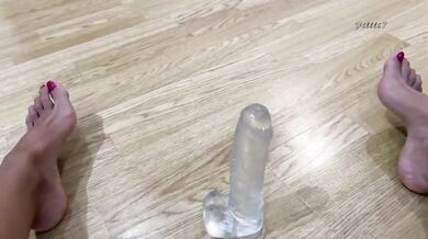 Beautiful asian foot masturbation with slender legs and red nails