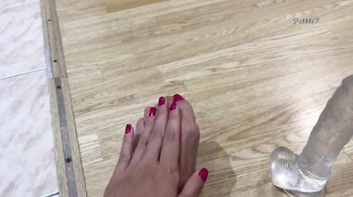 Beautiful asian foot masturbation with slender legs and red nails