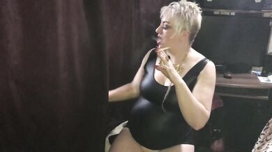 Smoking whore mom gets choked on banana cum