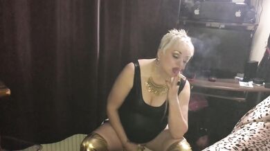 Smoking whore mom gets choked on banana cum